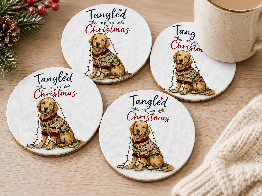 Tangled Up in Christmas Dog Coasters – Set of 4
