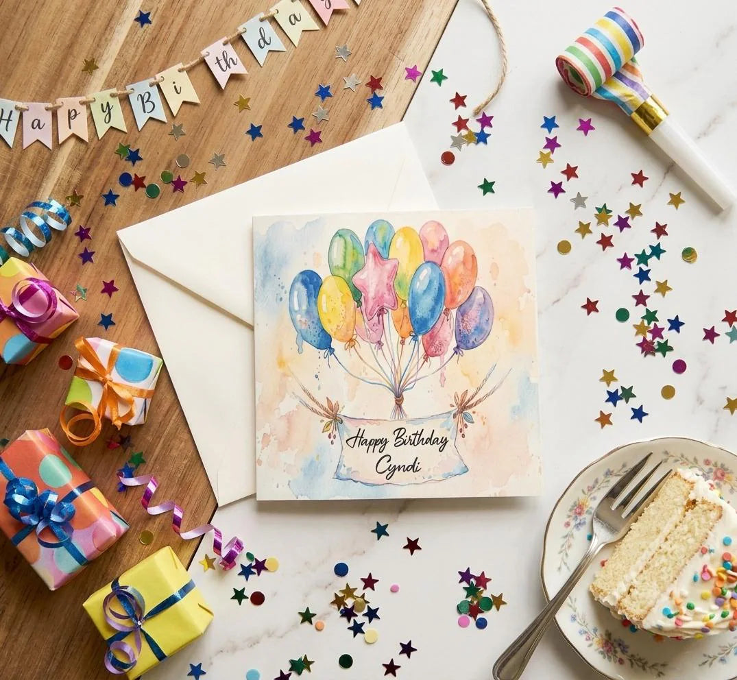 Personalised Watercolour Birthday Card | Custom Name Balloon Birthday Card for Him / Her | Handcrafted Whimsical Birthday Gift