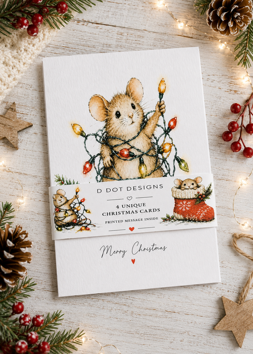4 Pack of Christmas Cards - Cute Mouse Design