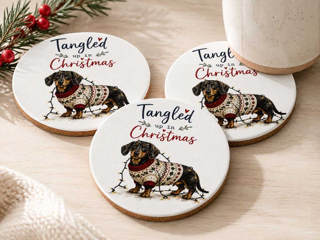 Tangled Up in Christmas Dog Coasters – Set of 4