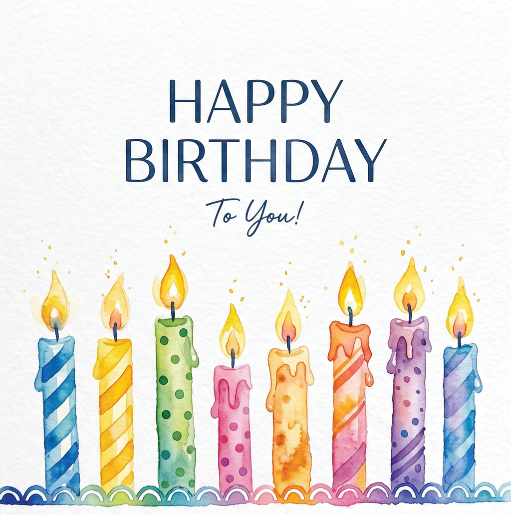 Happy Birthday Personalised / Generic Watercolour Candle 6 x 6 Card