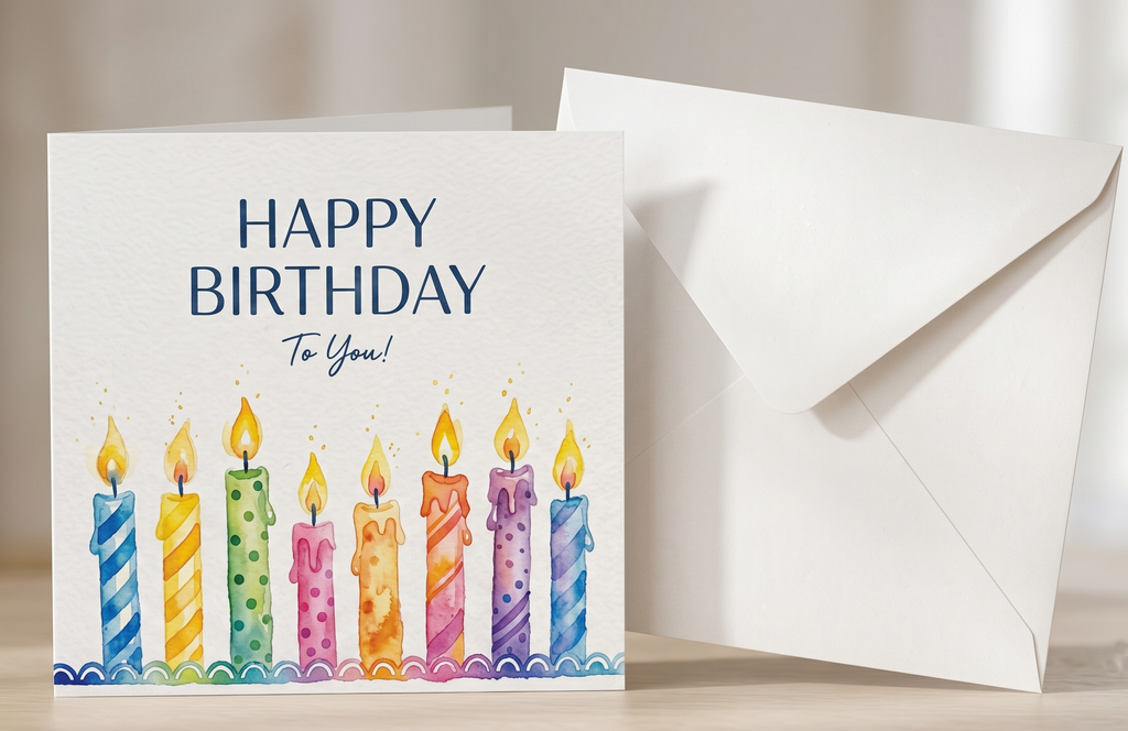 Happy Birthday Personalised / Generic Watercolour Candle 6 x 6 Card