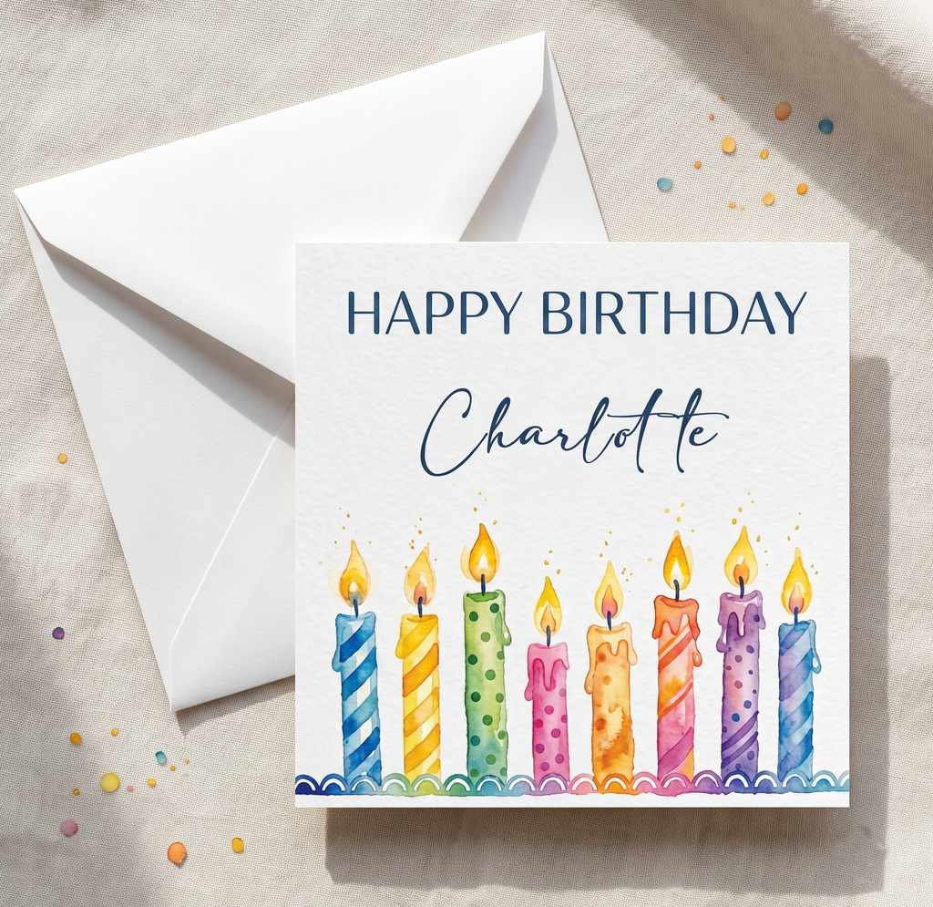 Happy Birthday Personalised / Generic Watercolour Candle 6 x 6 Card